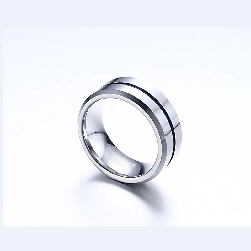Chine fabricant en gros 8mm plaine haute vernis deux tons tungstène bague en carbure de tungstène bleu tungstène bague en carbure de tungstène