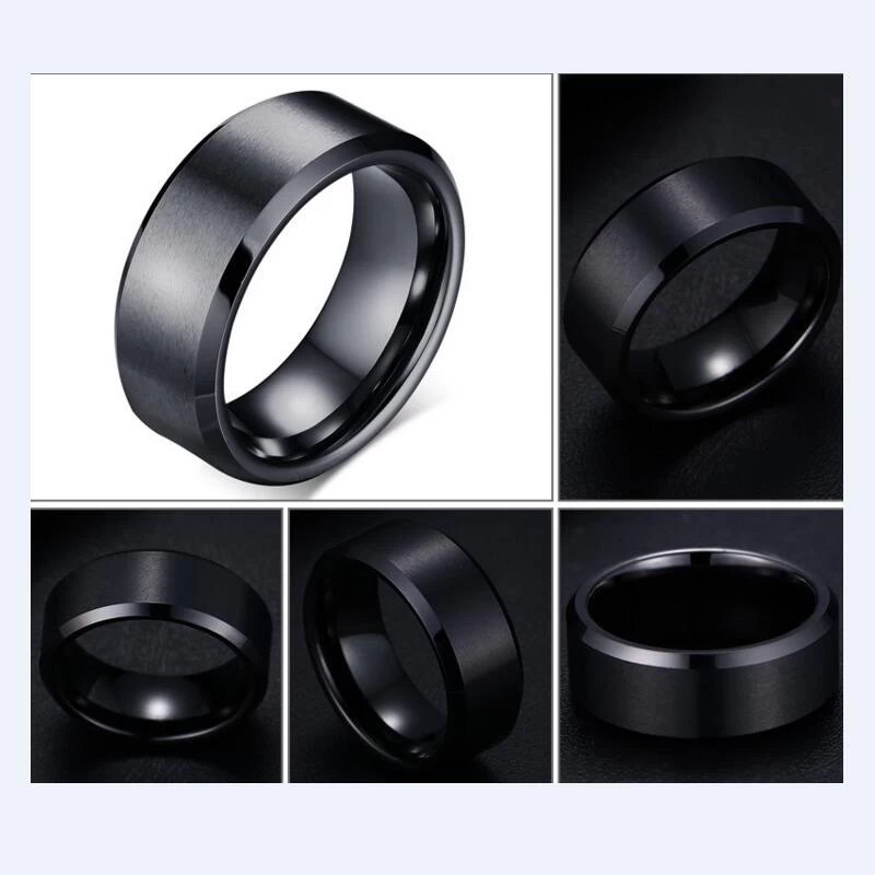 China Factory and Manufacturer selling 8mm Flat and Brushed Black Tungsten carbide ring with Bevel Edges for Men Cool finger ring tungsten rings