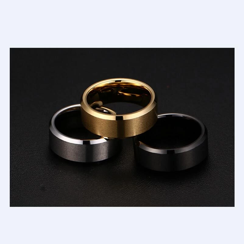 China Factory and Manufacturer selling 8mm Flat and Brushed Black Tungsten carbide ring with Bevel Edges for Men Cool finger ring tungsten rings