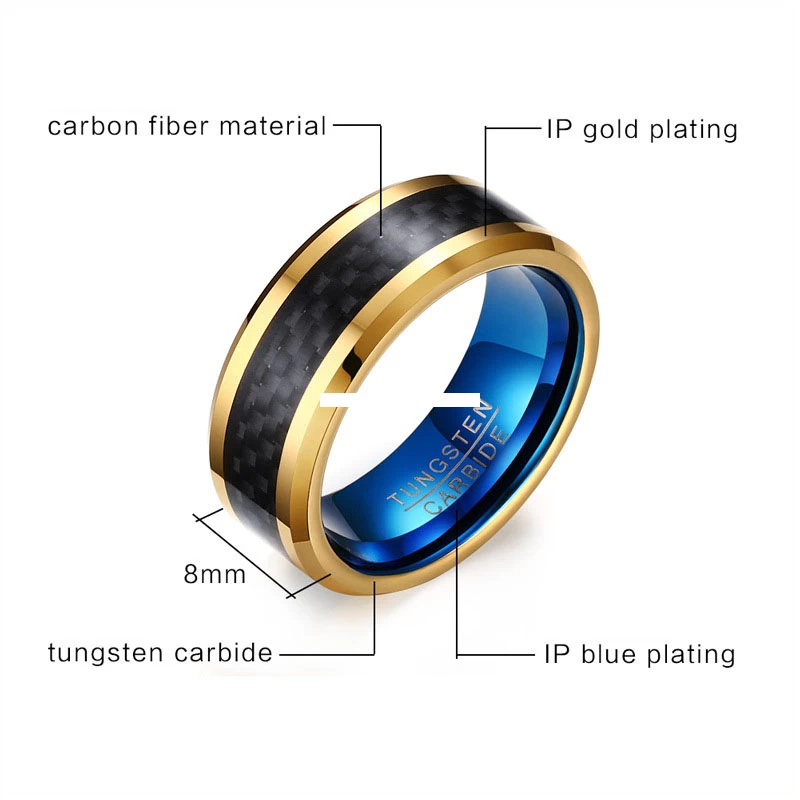 Amazing Comfort Fit Two Tonificato Groove oro e Blue Groove Tungsteno Fascia da sposa con intarsio in fibra di carbonio nero