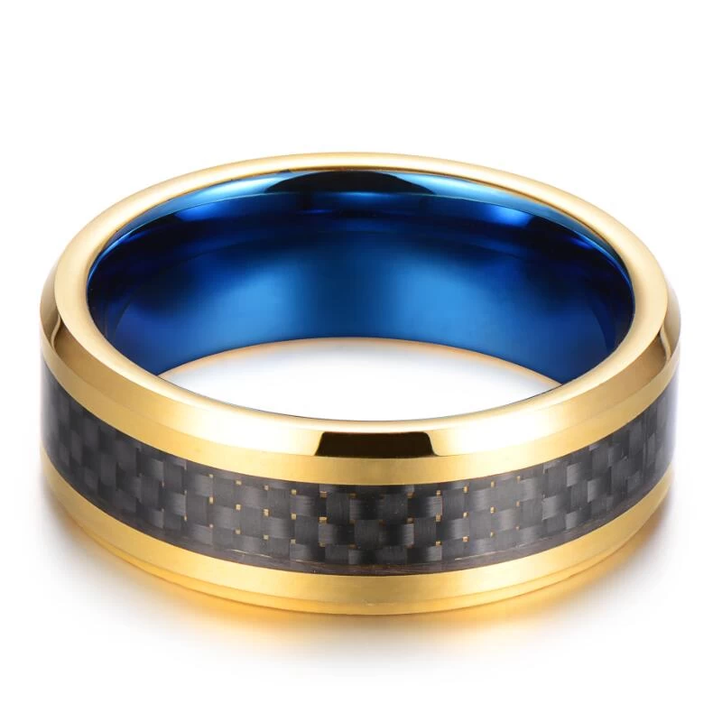 Amazing Comfort Fit Two Tonificato Groove oro e Blue Groove Tungsteno Fascia da sposa con intarsio in fibra di carbonio nero