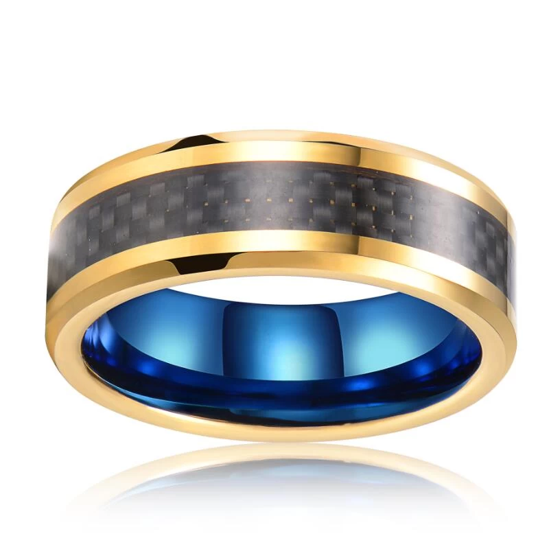Amazing Comfort Fit Two Tonificato Groove oro e Blue Groove Tungsteno Fascia da sposa con intarsio in fibra di carbonio nero