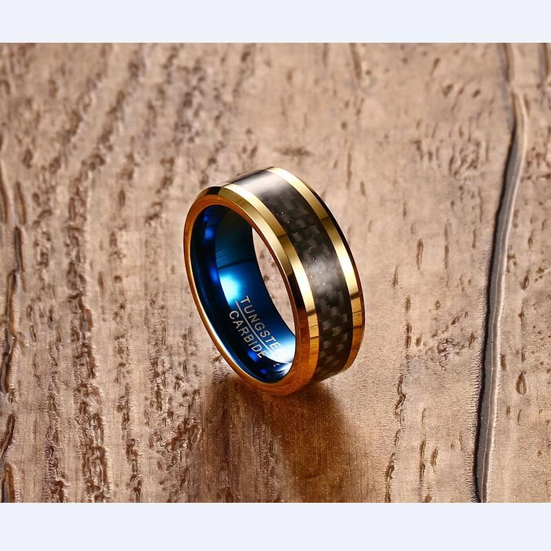 Amazing Comfort Fit Two Tonificato Groove oro e Blue Groove Tungsteno Fascia da sposa con intarsio in fibra di carbonio nero