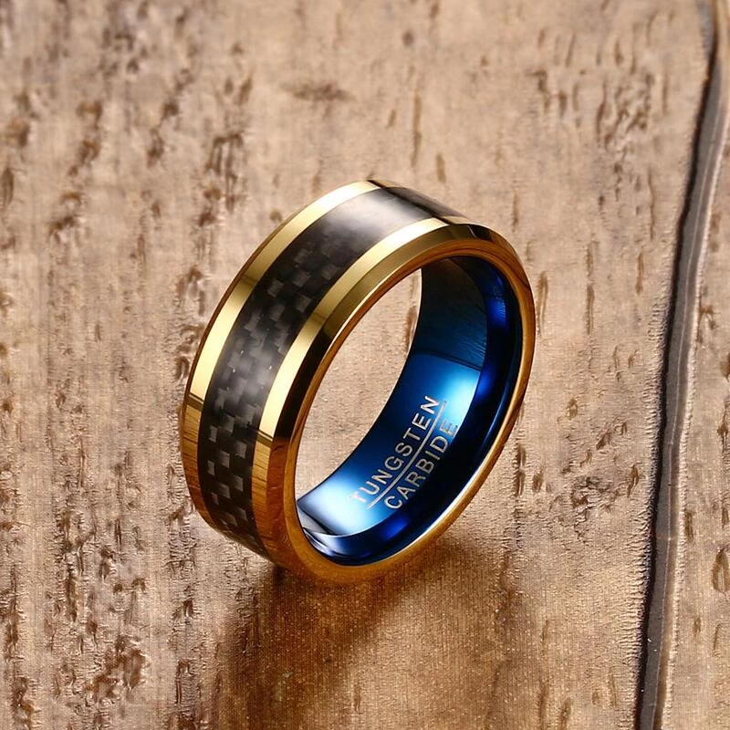 Amazing Comfort Fit Two Tonificato Groove oro e Blue Groove Tungsteno Fascia da sposa con intarsio in fibra di carbonio nero