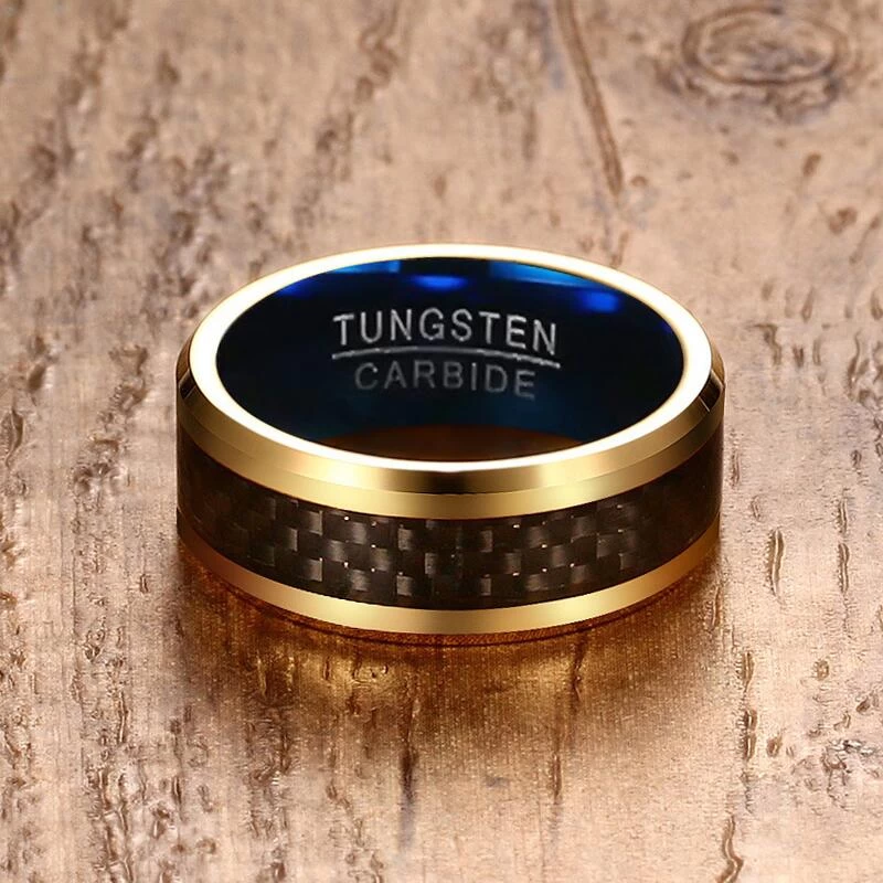 Amazing Comfort Fit Two Tonificato Groove oro e Blue Groove Tungsteno Fascia da sposa con intarsio in fibra di carbonio nero