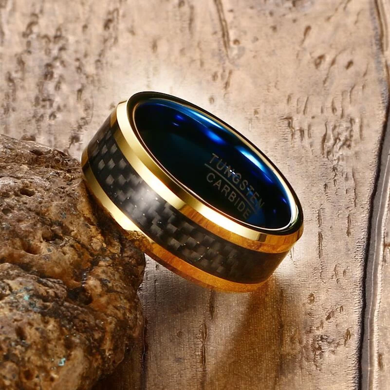 Amazing Comfort Fit Two Tonificato Groove oro e Blue Groove Tungsteno Fascia da sposa con intarsio in fibra di carbonio nero
