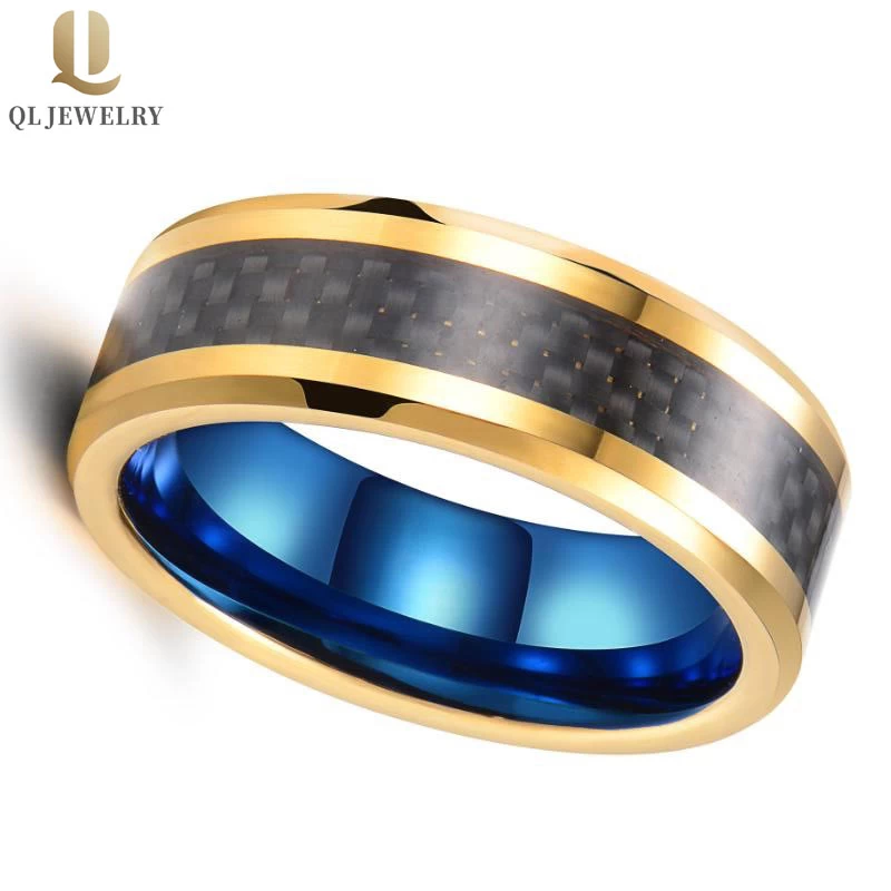 Amazing Comfort Fit Two Tonificato Groove oro e Blue Groove Tungsteno Fascia da sposa con intarsio in fibra di carbonio nero