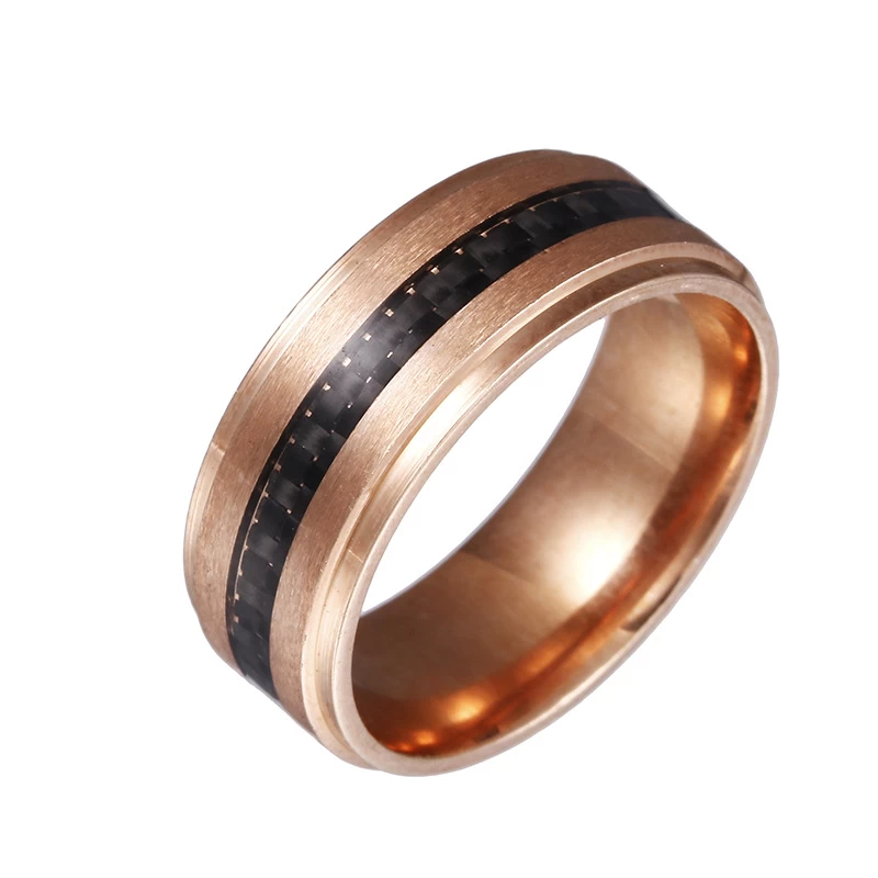 Anello in fibra di carbonio in fibra di carbonio in oro rosa da uomo 8mm anello da sposa combinato Comfort Fit Black Carbon Fiber Ring