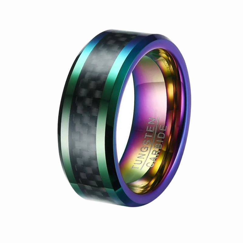 8mm Männer Bunter Regenbogen Wolfram-Kohlefaser-Ring Herren Hochzeitsbänder Kombinierter Komfort Fit Schwarzer Kohlefaserring