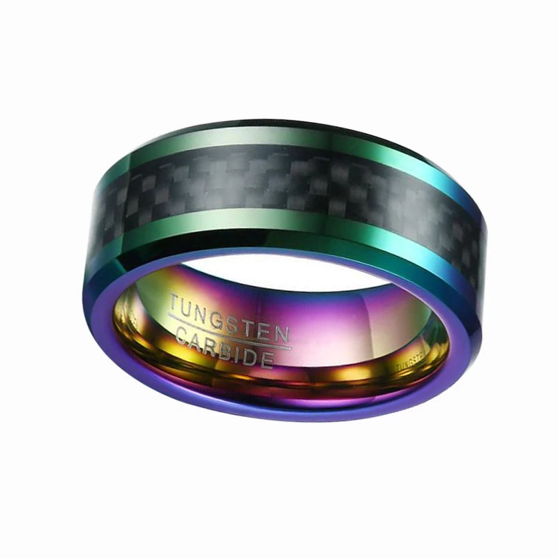 8mm Männer Bunter Regenbogen Wolfram-Kohlefaser-Ring Herren Hochzeitsbänder Kombinierter Komfort Fit Schwarzer Kohlefaserring