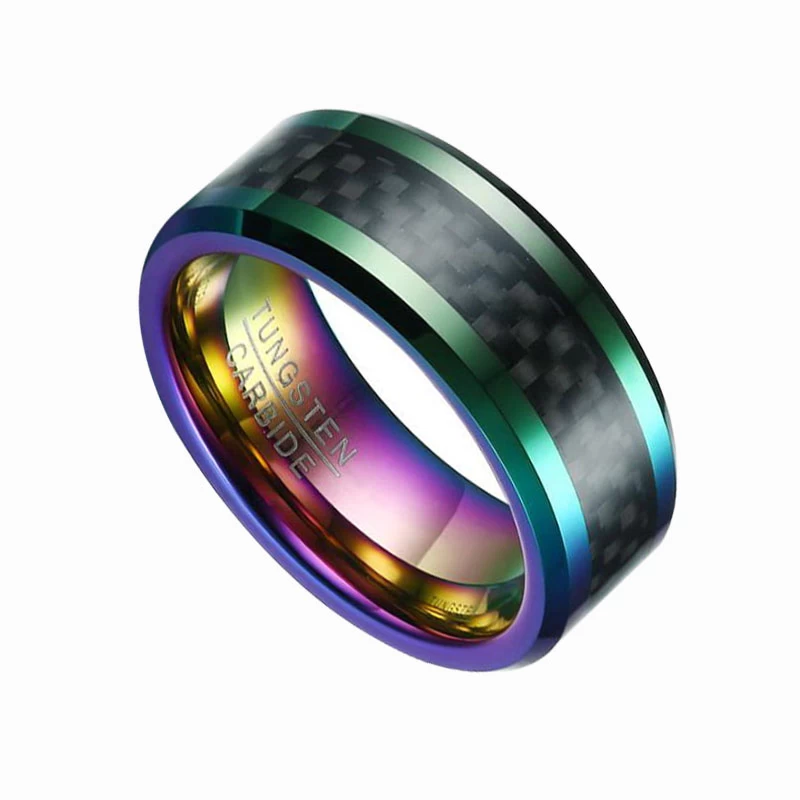 8mm Männer Bunter Regenbogen Wolfram-Kohlefaser-Ring Herren Hochzeitsbänder Kombinierter Komfort Fit Schwarzer Kohlefaserring