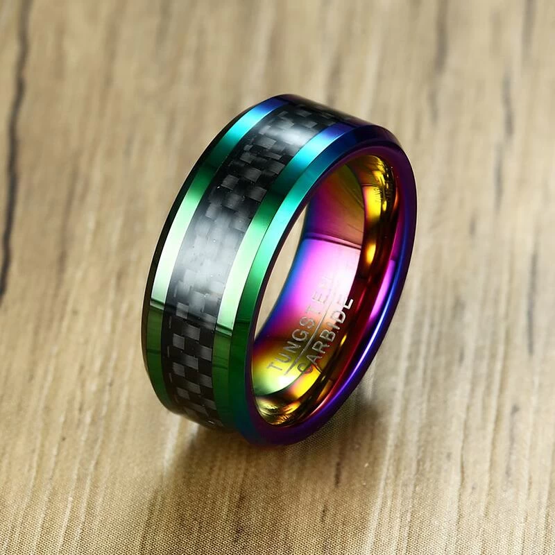 8mm Männer Bunter Regenbogen Wolfram-Kohlefaser-Ring Herren Hochzeitsbänder Kombinierter Komfort Fit Schwarzer Kohlefaserring