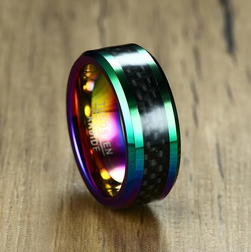 8mm Männer Bunter Regenbogen Wolfram-Kohlefaser-Ring Herren Hochzeitsbänder Kombinierter Komfort Fit Schwarzer Kohlefaserring