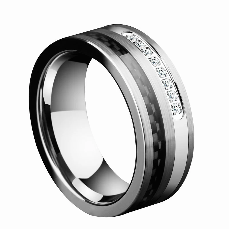 Amazing New Comfort Fit Carbon Fiber Tungsten Carbide Wedding Bands with Shiny CZ inlay