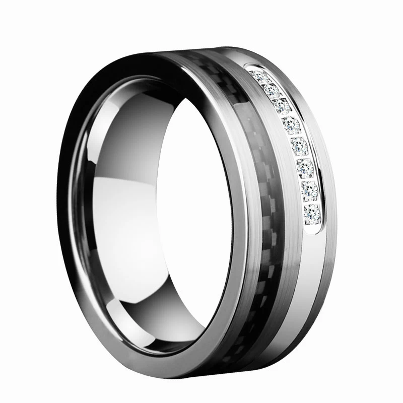 Amazing New Comfort Fit Carbon Fiber Tungsten Carbide Wedding Bands with Shiny CZ inlay