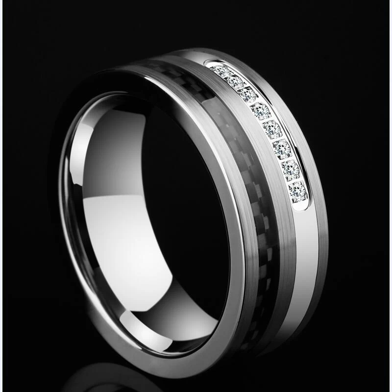 Amazing New Comfort Fit Carbon Fiber Tungsten Carbide Wedding Bands with Shiny CZ inlay