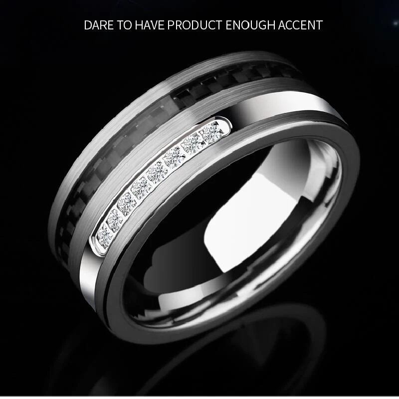 Amazing New Comfort Fit Carbon Fiber Tungsten Carbide Wedding Bands with Shiny CZ inlay