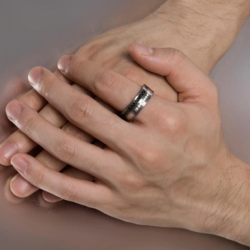 Amazing New Comfort Fit Carbon Fiber Tungsten Carbide Wedding Bands with Shiny CZ inlay