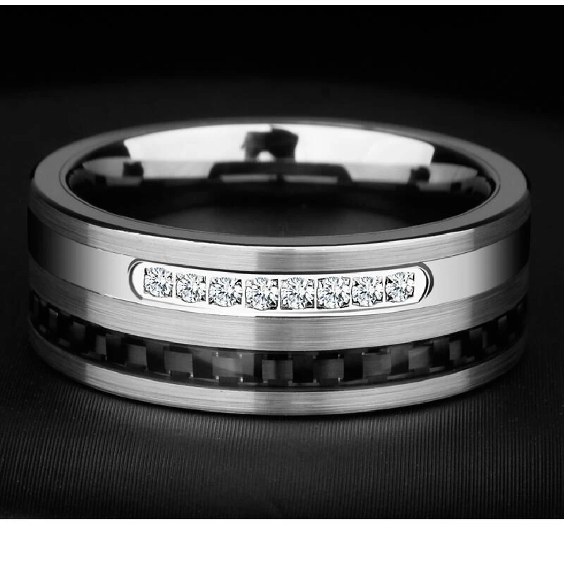 Amazing New Comfort Fit Carbon Fiber Tungsten Carbide Wedding Bands with Shiny CZ inlay
