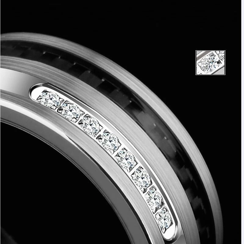 Amazing New Comfort Fit Carbon Fiber Tungsten Carbide Wedding Bands with Shiny CZ inlay