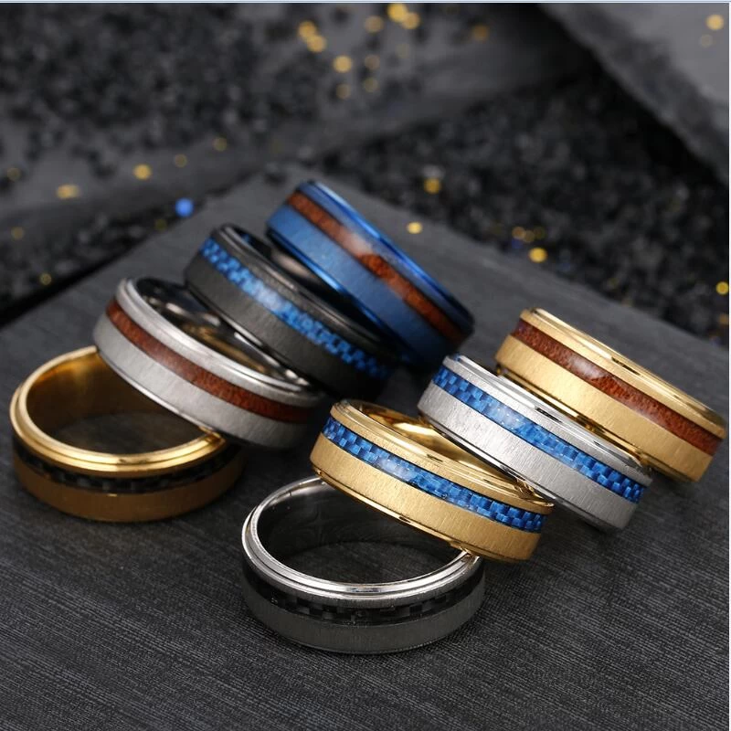 Anello da uomo in fibra di carbonio in fibra di carbonio oro da uomo da 8mm per uomo combinato Comfort Fit