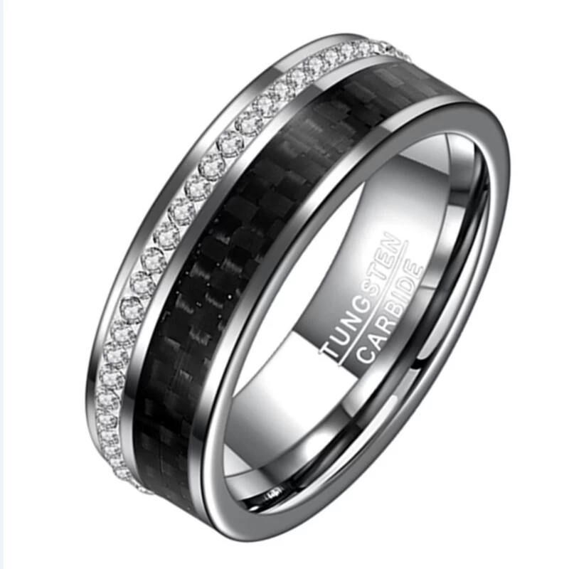 Incroyable nouveau confort Fit Bandes de mariage en carbure de tungstène en fibre de carbone avec incrustation de pierres brillantes