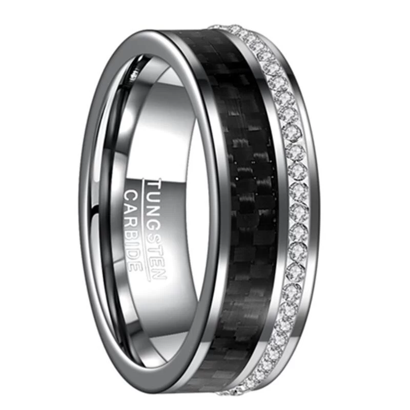 Incroyable nouveau confort Fit Bandes de mariage en carbure de tungstène en fibre de carbone avec incrustation de pierres brillantes