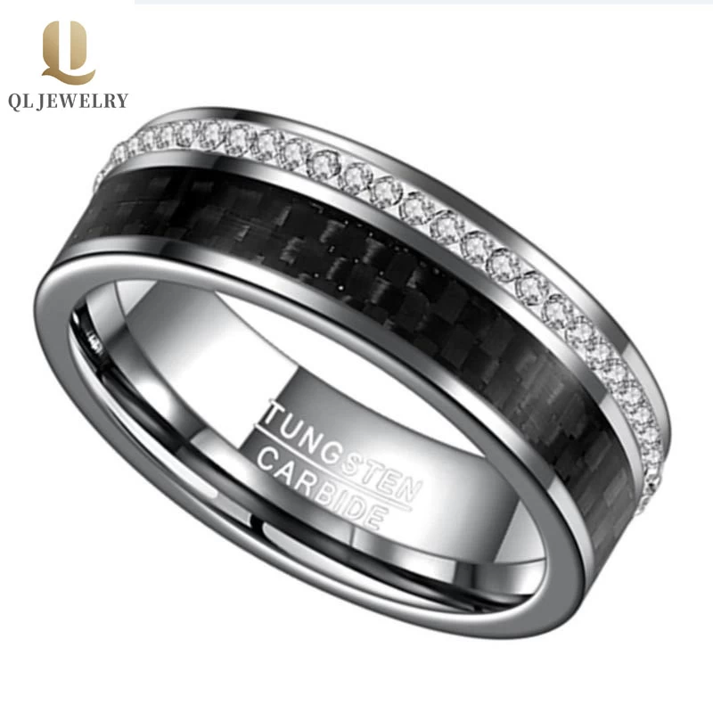 Incroyable nouveau confort Fit Bandes de mariage en carbure de tungstène en fibre de carbone avec incrustation de pierres brillantes