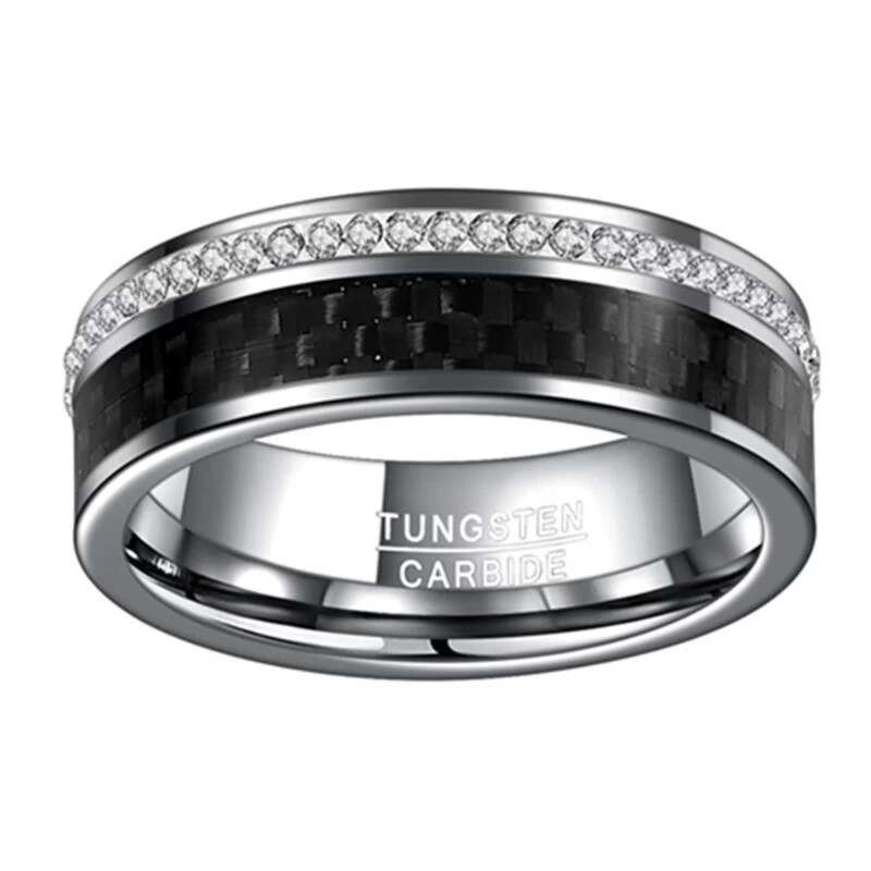 Incroyable nouveau confort Fit Bandes de mariage en carbure de tungstène en fibre de carbone avec incrustation de pierres brillantes