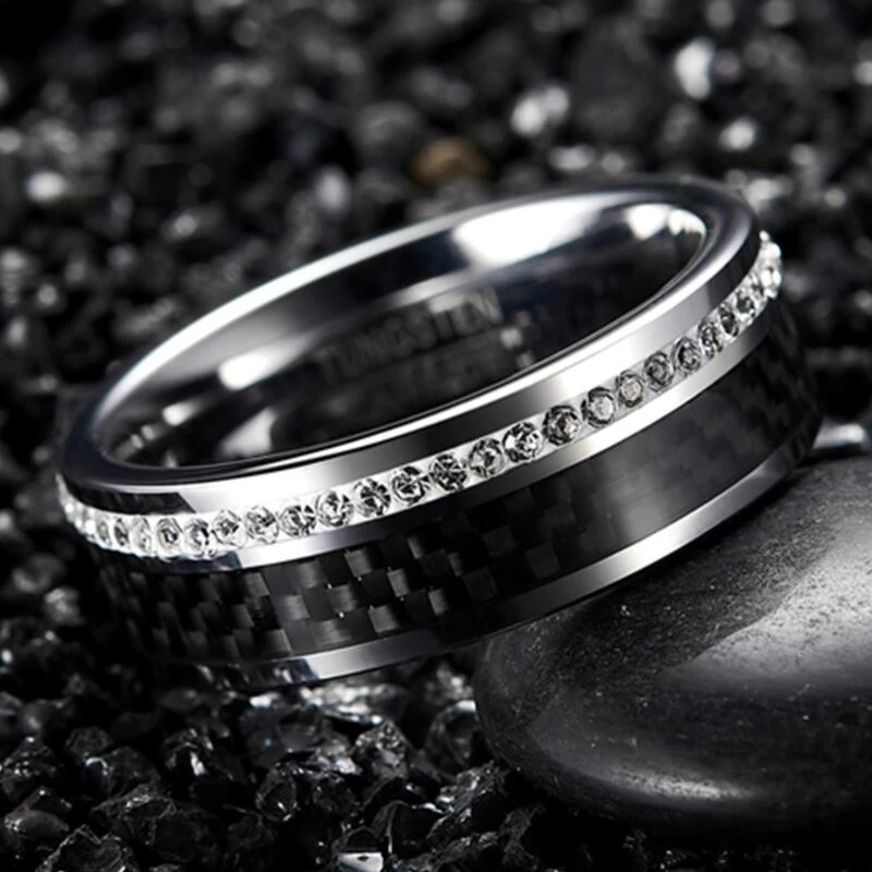 Incroyable nouveau confort Fit Bandes de mariage en carbure de tungstène en fibre de carbone avec incrustation de pierres brillantes