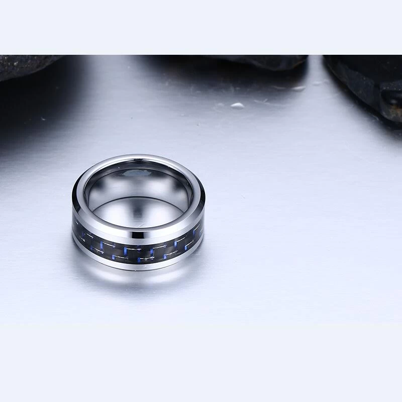 Hot sales 8mm 6mm Tungsten Carbide Ring with Blue and Black Carbon Fiber inlay China Tungsten Ring manufacturer supplier