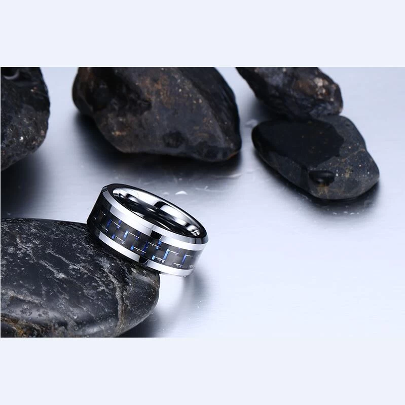 Hot sales 8mm 6mm Tungsten Carbide Ring with Blue and Black Carbon Fiber inlay China Tungsten Ring manufacturer supplier