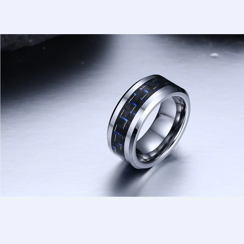 Hot sales 8mm 6mm Tungsten Carbide Ring with Blue and Black Carbon Fiber inlay China Tungsten Ring manufacturer supplier