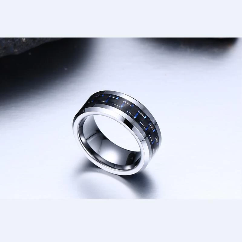 Hot sales 8mm 6mm Tungsten Carbide Ring with Blue and Black Carbon Fiber inlay China Tungsten Ring manufacturer supplier