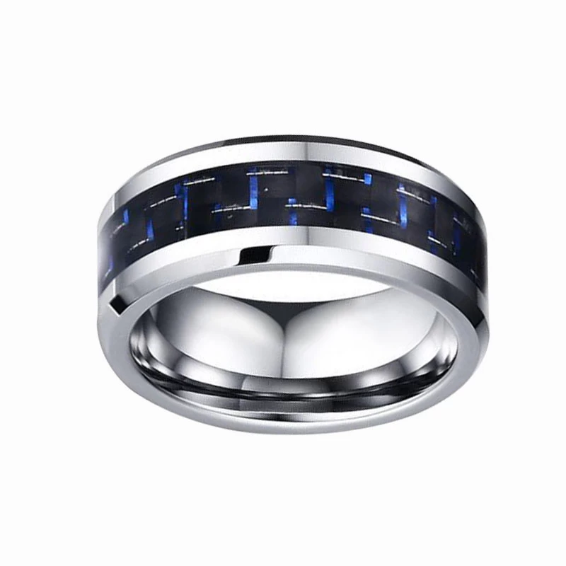 Hot sales 8mm 6mm Tungsten Carbide Ring with Blue and Black Carbon Fiber inlay China Tungsten Ring manufacturer supplier