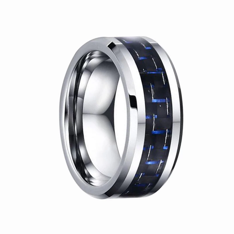 Hot sales 8mm 6mm Tungsten Carbide Ring with Blue and Black Carbon Fiber inlay China Tungsten Ring manufacturer supplier
