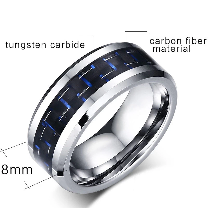 Hot sales 8mm 6mm Tungsten Carbide Ring with Blue and Black Carbon Fiber inlay China Tungsten Ring manufacturer supplier