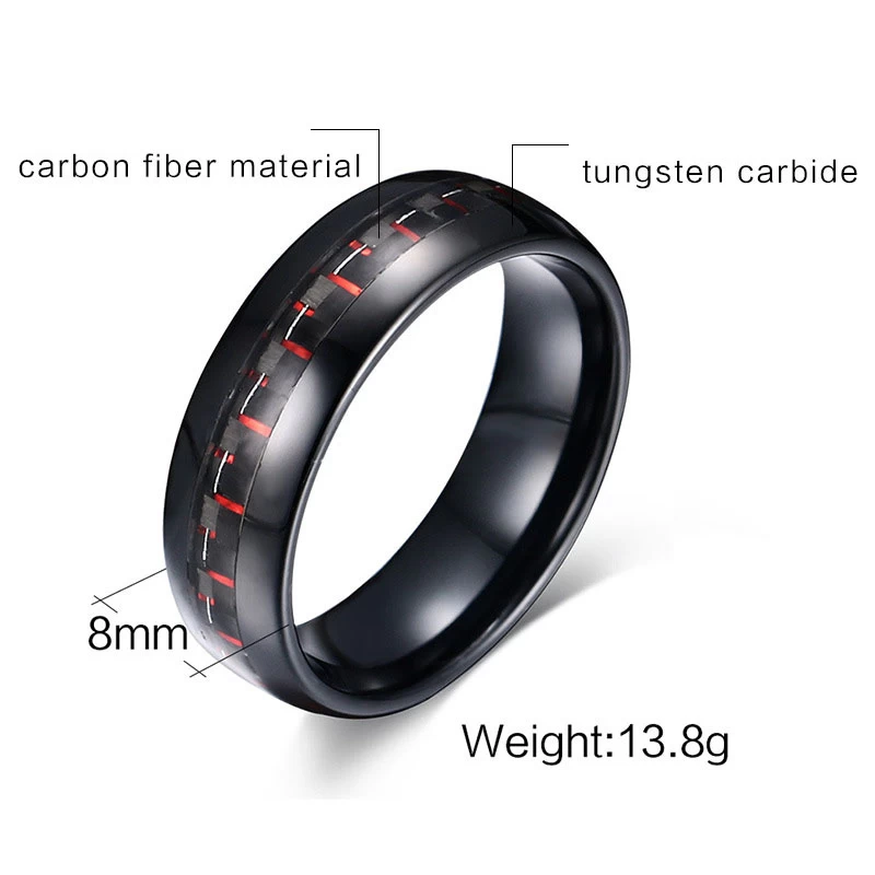 Bague de carbure de tungstène noir de 8mm de 8mm 6mm avec inlay rouge et noir en fibre de carbone Chine Tungsten anneau fabricant fournisseur