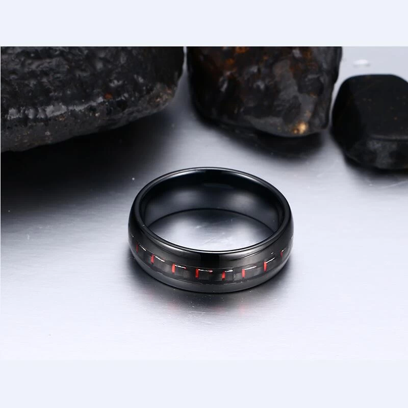 Bague de carbure de tungstène noir de 8mm de 8mm 6mm avec inlay rouge et noir en fibre de carbone Chine Tungsten anneau fabricant fournisseur