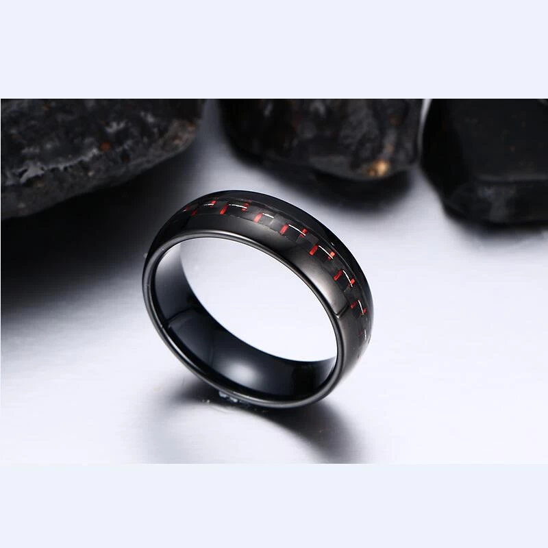 Bague de carbure de tungstène noir de 8mm de 8mm 6mm avec inlay rouge et noir en fibre de carbone Chine Tungsten anneau fabricant fournisseur