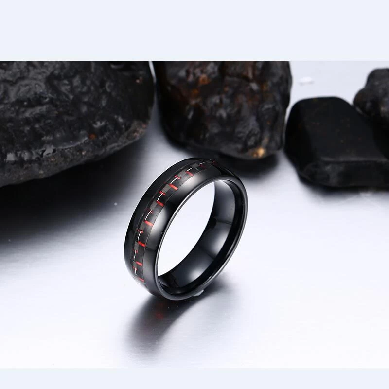 Bague de carbure de tungstène noir de 8mm de 8mm 6mm avec inlay rouge et noir en fibre de carbone Chine Tungsten anneau fabricant fournisseur