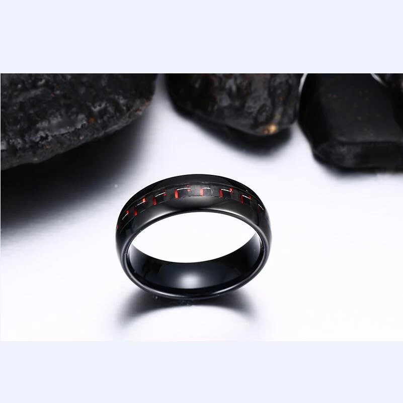 Bague de carbure de tungstène noir de 8mm de 8mm 6mm avec inlay rouge et noir en fibre de carbone Chine Tungsten anneau fabricant fournisseur