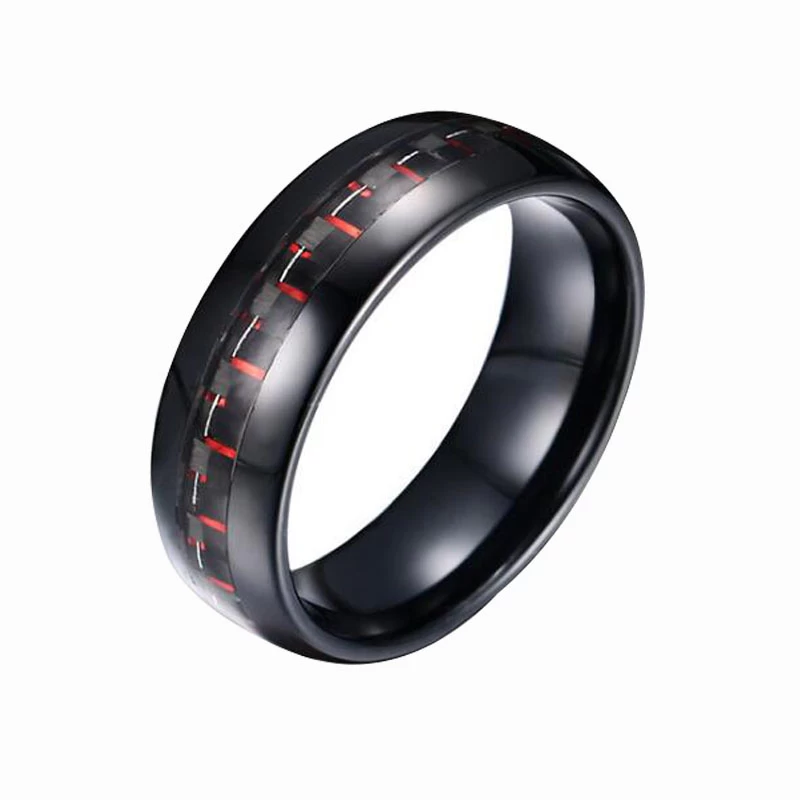 Bague de carbure de tungstène noir de 8mm de 8mm 6mm avec inlay rouge et noir en fibre de carbone Chine Tungsten anneau fabricant fournisseur
