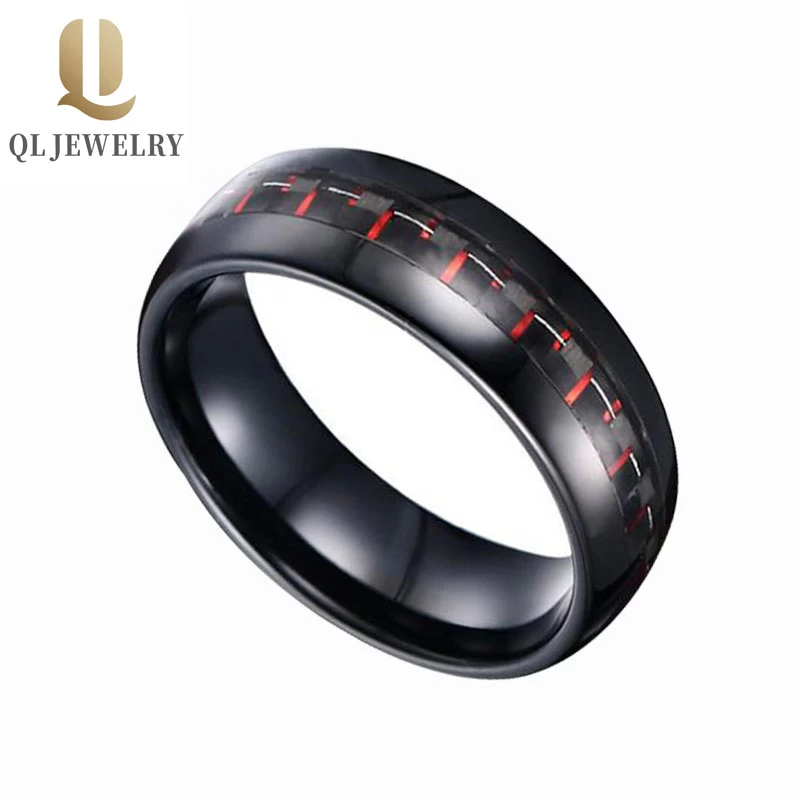 Bague de carbure de tungstène noir de 8mm de 8mm 6mm avec inlay rouge et noir en fibre de carbone Chine Tungsten anneau fabricant fournisseur