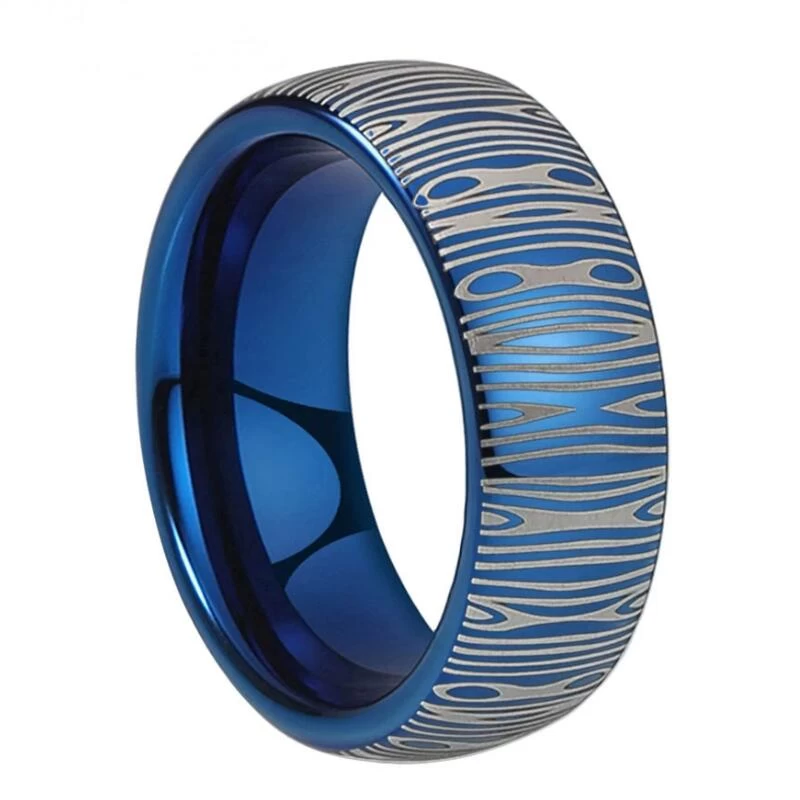 Kundenspezifischer Stil Herren Wolfram-Hochzeits-Band-blauer Wolframkarbid-Ring mit Damaskus-Muster-Gravur fertig