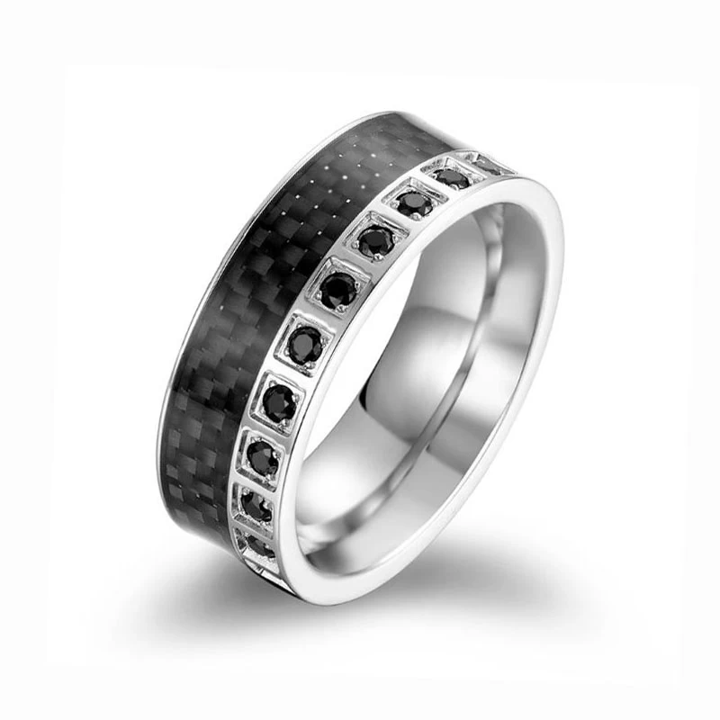 Bague en carbure de tungstène de tungstène de style le plus récent avec un cercle de fibre de carbone noir et de pierres noires de CZ sur un côté