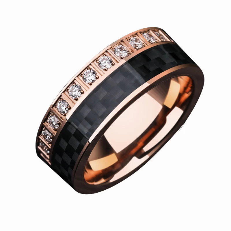 Neueste Stil Herren Wolfram Ehering Rose Gold Wolframkarbidring mit einem Kreis von schwarzem Kohlefaser und weißen CZ-Steinen auf einer Seite