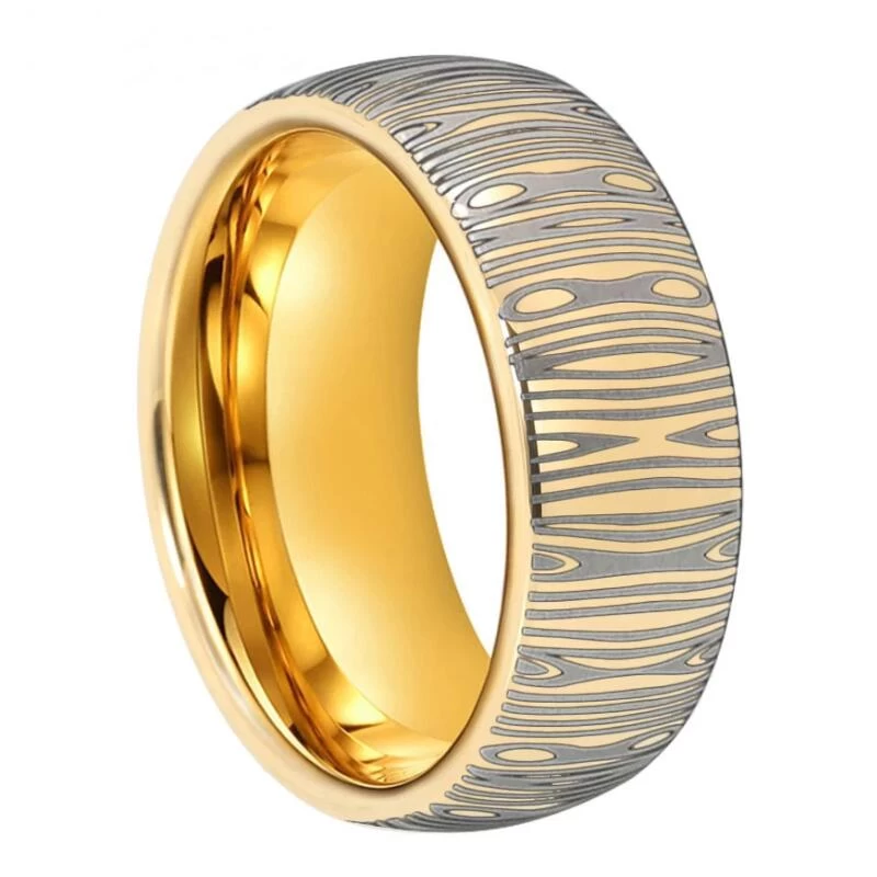Newest Style Men\'s Tungsten Wedding Band Yellow Gold Tungsten Carbide Ring with Damascus pattern engraving finished