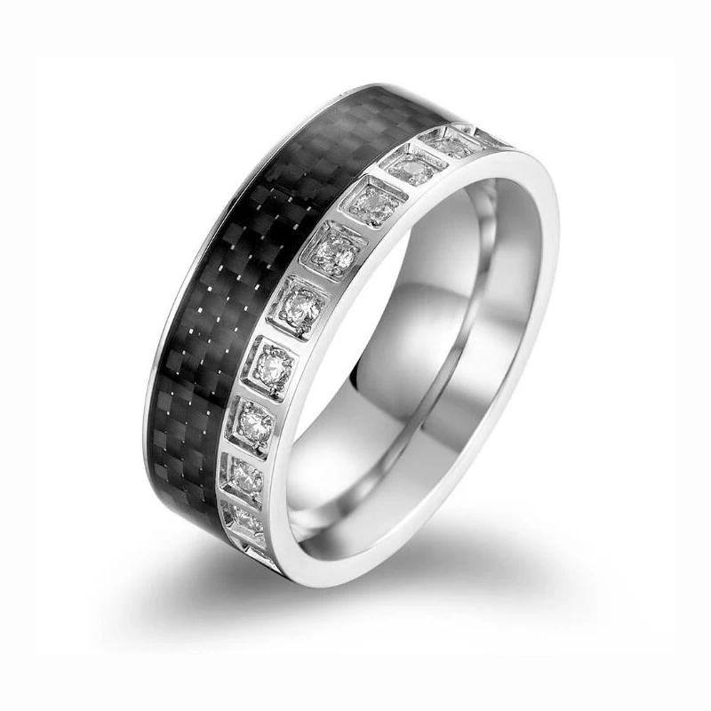 Newest Style Men\'s Tungsten Wedding Band Tungsten Carbide Ring with a Circle of Black Carbon Fiber and white CZ Stones on one Side