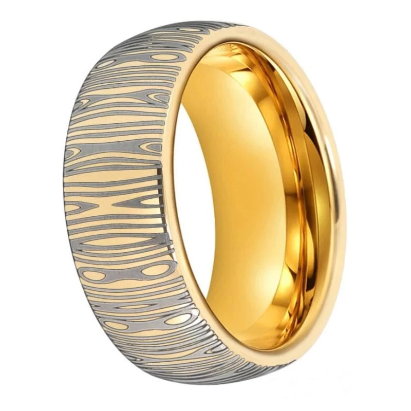 Newest Style Men\'s Tungsten Wedding Band Yellow Gold Tungsten Carbide Ring with Damascus pattern engraving finished